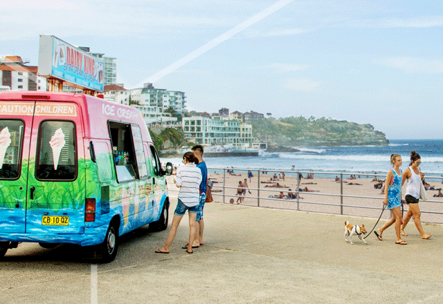 Ice cream truck serving customers at the beach.