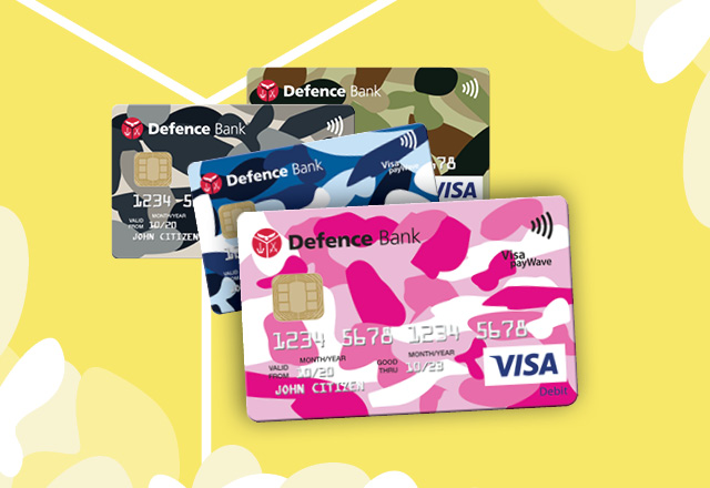 The four Visa Debit card camo designs with the pink version at the forefront against a yellow background.