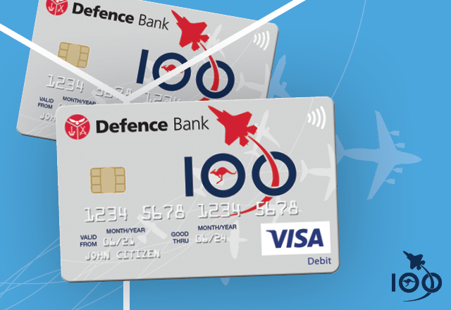 A stack of Defence Bank RAAF Centenary debit card designs