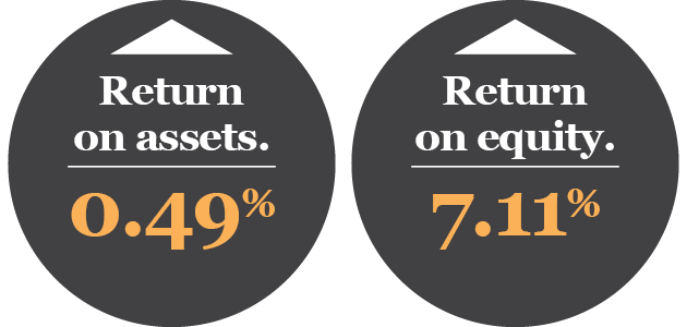 Return on assets - 0.49% Return on equity - 7.11%