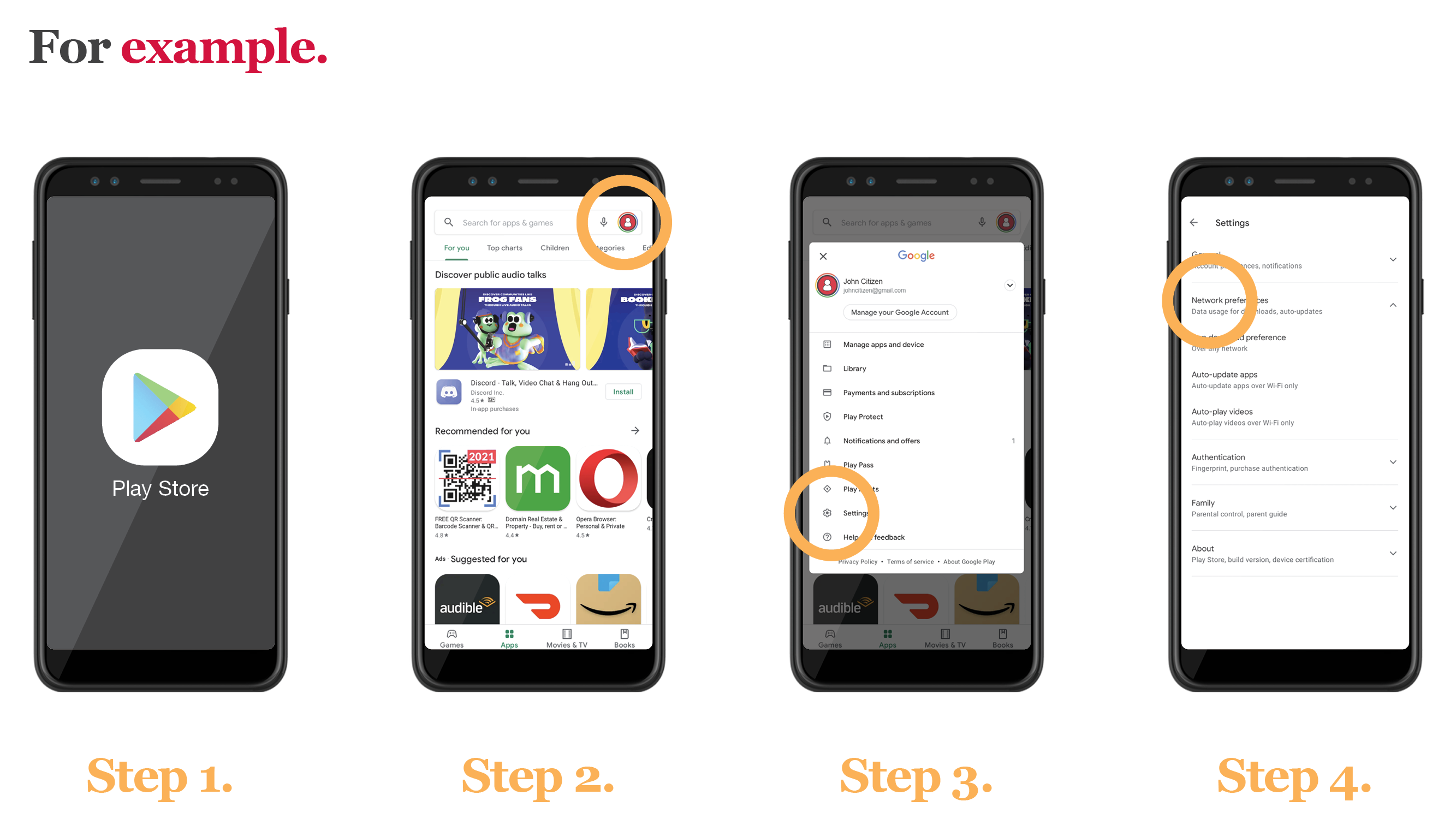For example: Step 1. Open the Google Play Store app. Step 2. At the top right, tap on the profile icon. Step 3. Tap Settings. Step 4. Tap Network Preferences and then Auto-update apps.
