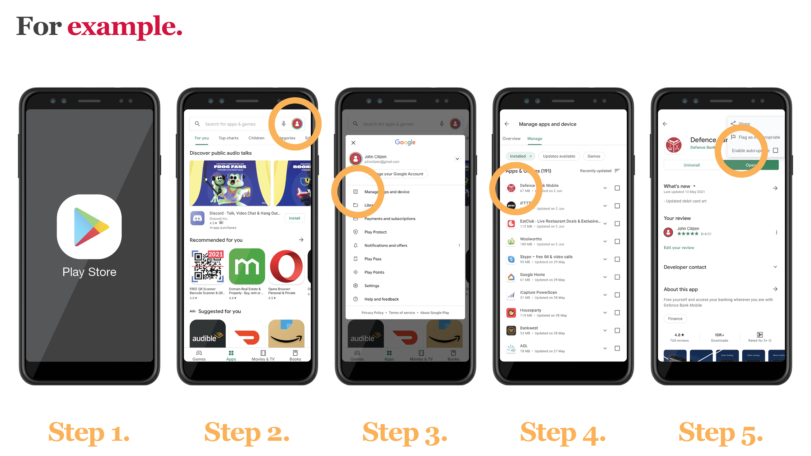 For example: Step 1. Open the Google Play Store app. Step 2. At the top right, tap the profile icon. Step 3. Tap Manage apps & device. Step 4. Select Manage and choose the app you want to update. Step 5. Tap the three dots stacked vertically in the top right-hand corner and choose Enable auto-update.
