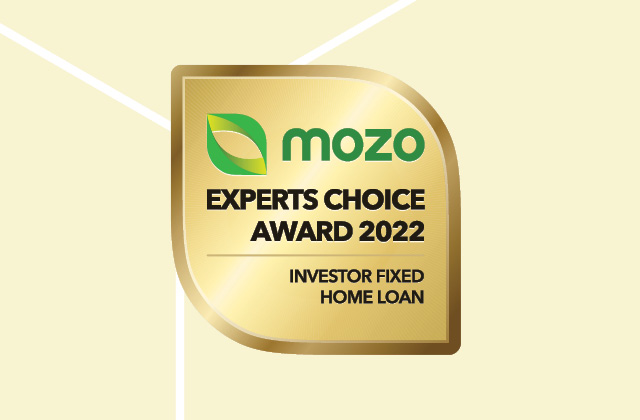 Mozo Experts Choice Award 2022 - Investor Fixed Home Loan against a yellow background.